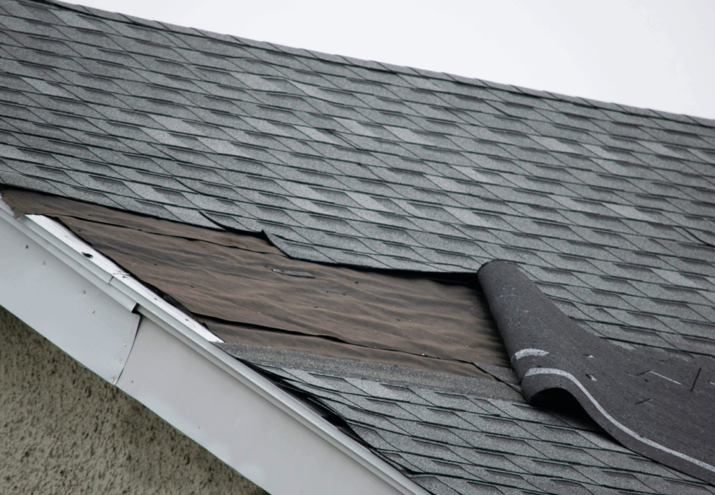 a roof with damaged shingles